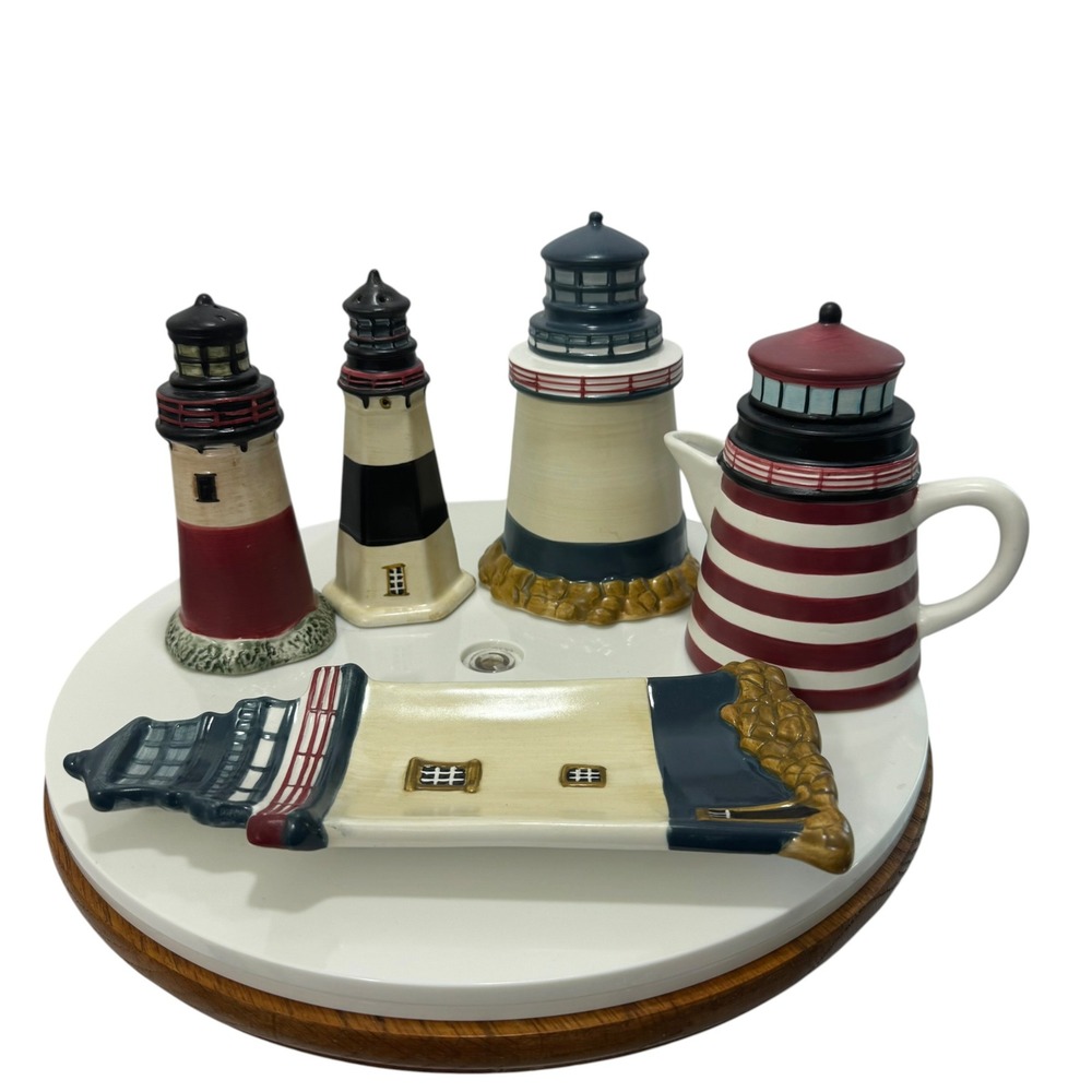 Ceramic Lighthouse Kitchen Set Teapot Spoon Rest Salt Pepper Shakers Nautical